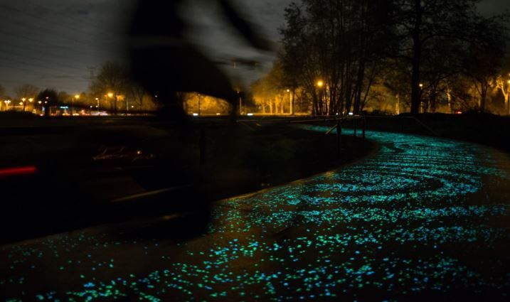 An illuminated cycle path at night.