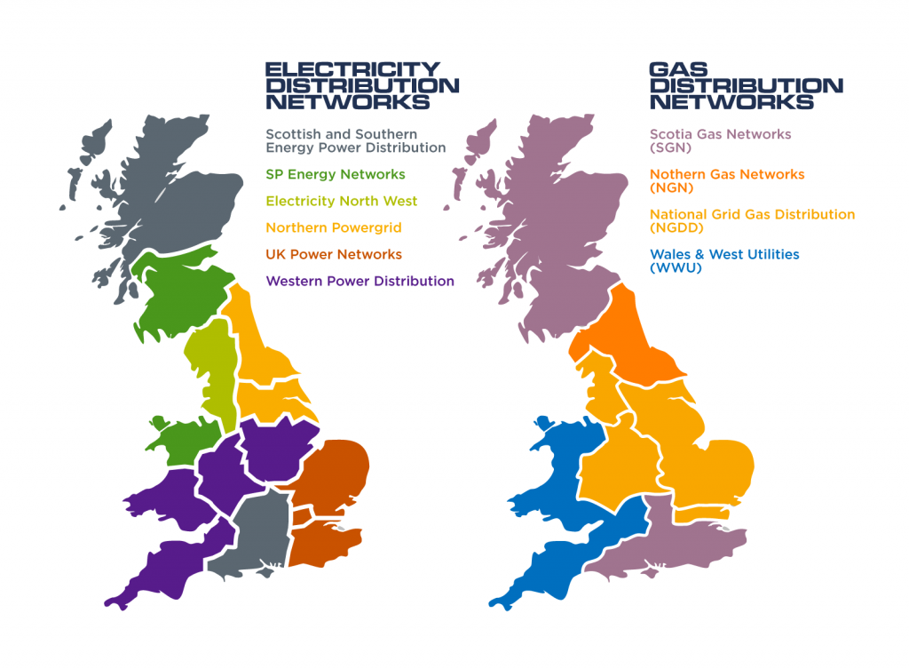 A map of Scotland, England and Wales showing the electricity and gas distribution networks.