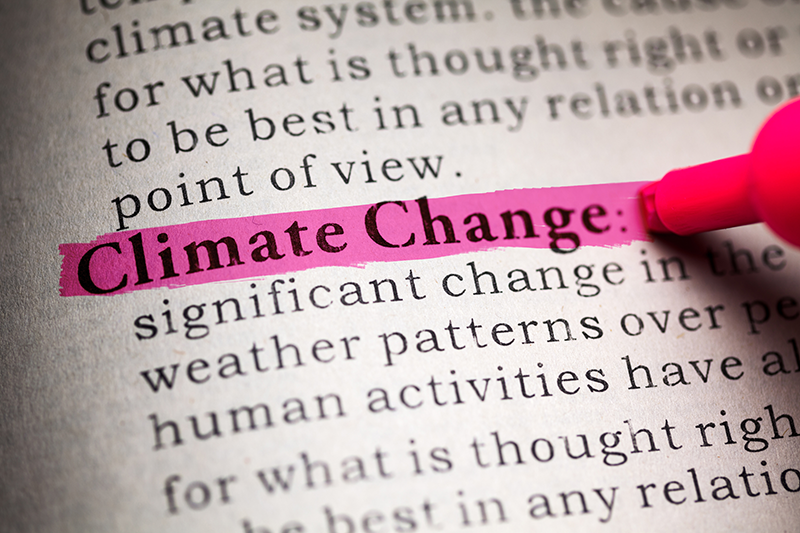 The phrase, "Climate Change" is highlighted in pink on the page of a dictionary.