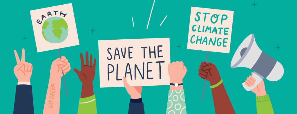 An illustration shows raised hands holding a variety of signs with messages like, "Save the planet" and "Stop climate change".