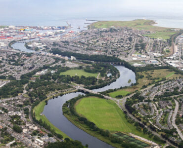 A bird's eye view of Aberdeen city shot from airplane