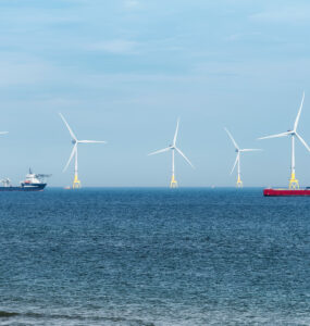 Offshore wind turbine farm on Scotland coast of Aberdeen