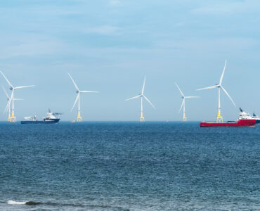 Offshore wind turbine farm on Scotland coast of Aberdeen