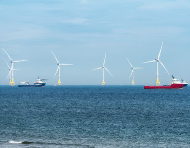 Offshore wind turbine farm on Scotland coast of Aberdeen