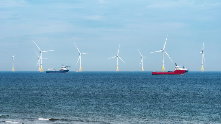 Offshore wind turbine farm on Scotland coast of Aberdeen